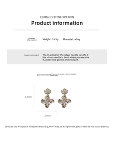 Detailed size chart for metallic flower earrings with silver needle and dimensions info