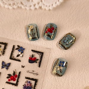 3D Embossed Nail Art Stickers Vintage Oil Painting Style Butterfly Flower Gold Foil Relief Self Adhesive Manicure Decals French Chic