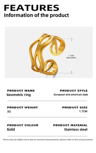 Detail view of 18K gold plated stainless steel ring showing 3g weight and adjustable size
