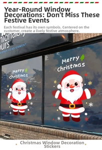 Close-up of Santa Claus window stickers with Merry Christmas text on a glass shop front