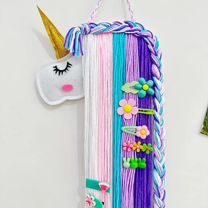 Organisateur de barrettes licorne mural avec design en feutre et pompons en fil coloré