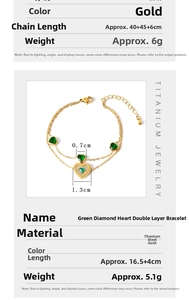 Detail specifications for gold titanium heart bracelet with green gemstone and pavé diamonds