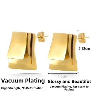 Detail view of gold layered geometric earrings with vacuum plating and dimensions