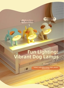Mini LED dog lamps in mint, yellow, and white with adjustable joints on a desk