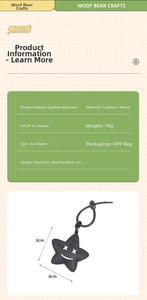 Detailed size specifications of the star-shaped black leather cat keychain with dimensions