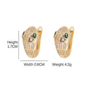 Snake head hoop earrings in gold copper with micro-set zircon, 1.7cm height and 0.6cm width
