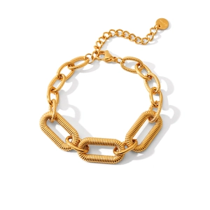 18K gold plated stainless steel paperclip chain bracelet with textured oval links for women