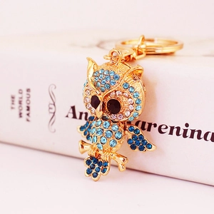 Exquisite golden owl keychain featuring blue rhinestones against a classic book backdrop