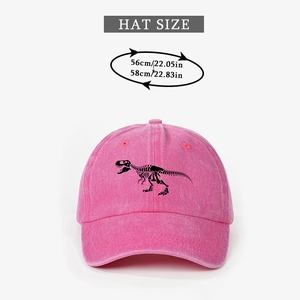 Detail of pink washed vintage baseball cap with dinosaur skeleton embroidery and size chart