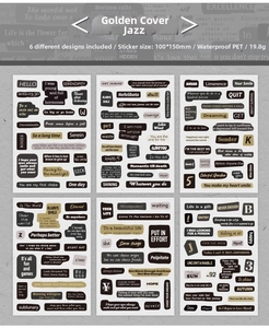 Macro shot of vintage style waterproof PET stickers featuring black and brown English typography