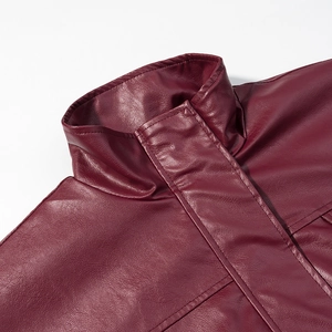 Detail of burgundy PU leather jacket collar featuring high-quality double stitching