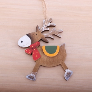 Festive wooden reindeer ornament with red scarf and snow effect for Christmas tree decor