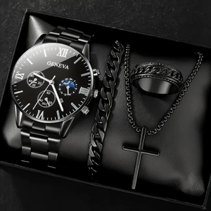 Luxury men's gift set featuring black quartz watch with matching bracelet and ring