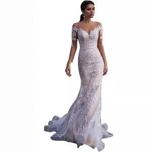 Elegant off-shoulder lace mermaid wedding dress with long sleeves and cathedral train