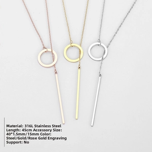 Three colors of 316L stainless steel necklace with circle and vertical bar pendants
