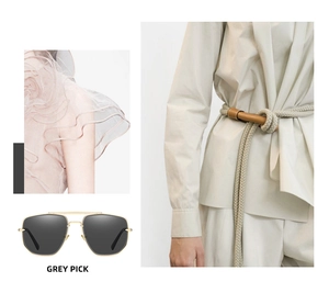 Collage di moda con occhiali da sole pilot dorati, lenti grigie e dettagli di outfit di stile