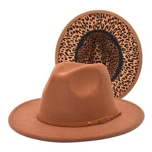 Wide Brim Fedora Hat Woolen Felt Leopard Print Lining Faux Leather Belt Rivets Retro Jazz Style For Men Women