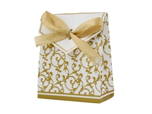 Detail of European Baroque gift bag with golden floral patterns and silk ribbon bow