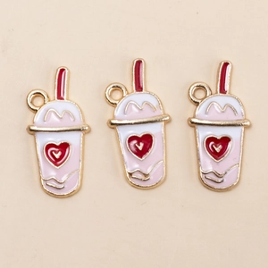 Three pink milk tea cup charms with red heart and gold alloy finish for DIY jewelry