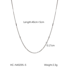 Detail showing 46cm silver chain necklace with 5cm extension and 0.17cm width specs