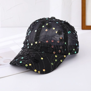 Detail of black mesh baseball cap featuring 3D flowers and colorful laser sequins