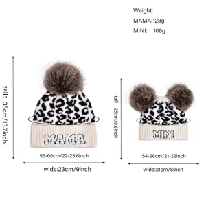 Size chart for leopard knit beanies with MAMA and MINI embroidery and dimensions