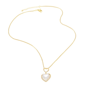 Elegant gold-plated double heart necklace featuring a pearl inlay and pavé zircon border