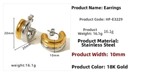 Detailed size specifications for gold and silver two-tone stainless steel C-shaped earrings
