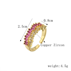 Detailed spec view of a gold-plated copper ring with red cubic zirconia and dimensions