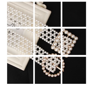 Detail of elegant white pearl beaded belt with golden round buckle for women's dresses