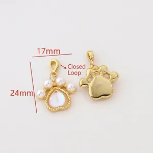 Detail of 24mm gold plated pearl cat paw pendant with closed jump ring measurements