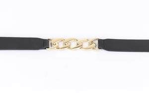 Close-up of black leather belt featuring decorative gold chain link detailing