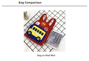 Close-up of kids bus backpack size compared to an iPad mini on checkered background