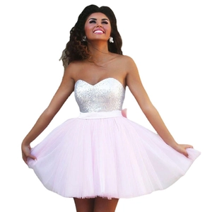 Pink sequin cocktail dress with silver bodice and layered tulle skirt for parties
