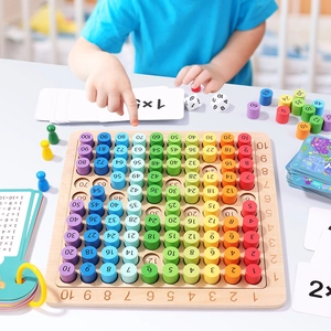 Educational 3-in-1 rainbow wooden multiplication board with 100 colorful blocks