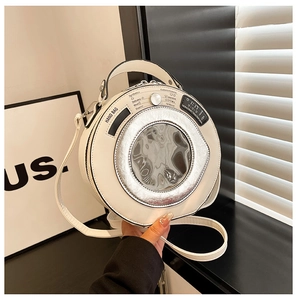 Creative white washing machine design round crossbody bag with silver metallic accents