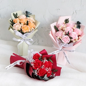 Three elegant soap rose bouquets in champagne, pink, and red with gypsum and eucalyptus
