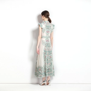 Vintage floral maxi dress with paisley print and sleeveless A-line silhouette