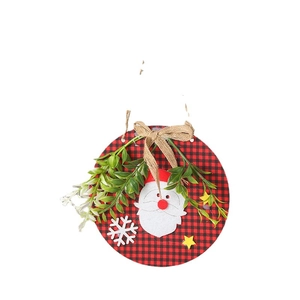 Festive wooden Christmas door hanger featuring Santa Claus and buffalo plaid design