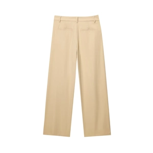 Detail of beige high-waisted straight leg trousers with belt loops and rear pockets