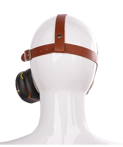 Detailed view of adjustable leather straps and metal buckles on steampunk gas mask