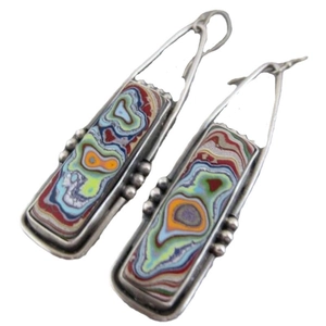 Bohemian silver drop earrings with colorful rectangle marble pattern inserts