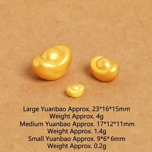 Three sizes of gold resin sycee ingots with detailed dimensions on textured background