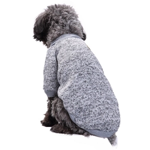 Detailed back view of a grey knit pet sweater on a poodle model with white background