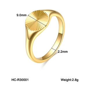 Detail view of a 9mm wide gold-plated stainless steel ring with radial texture
