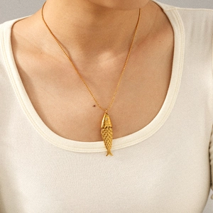 Koi Fish Pendant Necklace 18K Gold Plated Stainless Steel Rhinestone Eye Jewelry For Women Non Tarnish Ins Style