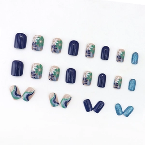 Morandi blue floral press-on nails with glitter accents and wavy patterns in short square shape