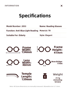 Detailed dimension guide for model 2053 blue light blocking reading glasses in TR material