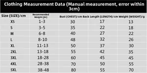 Size chart for cotton dog vest showing chest, length, and weight for XS to 5XL sizes