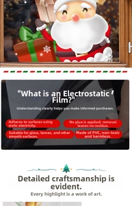 Detail of Christmas PVC static window stickers showing glueless suction on glass surfaces